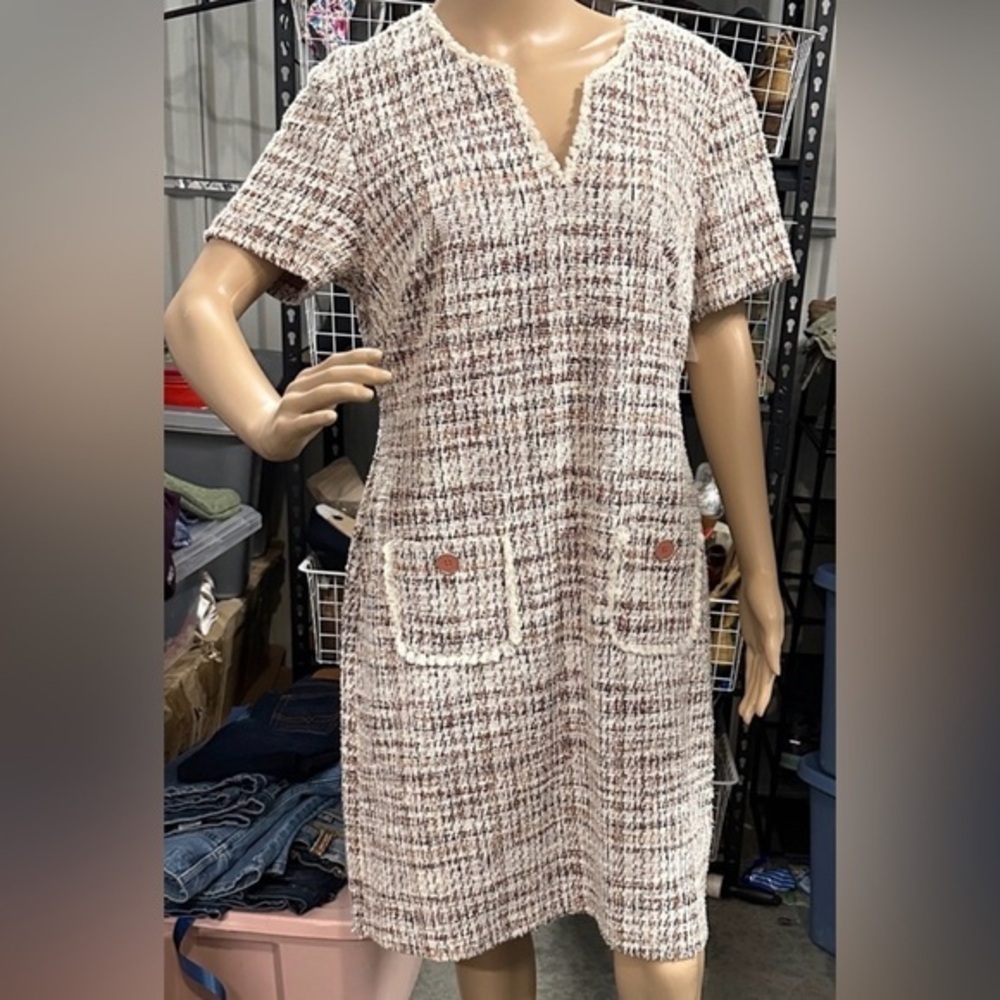 Elegant tan and brown Tweed Midi Dress with button accents size 10